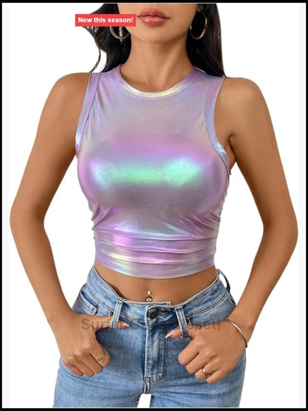 Women's Metallic Glitter Tank Top Ruched Sleeveless Crop Party Glam